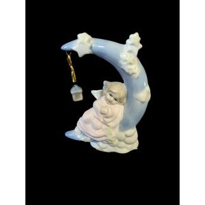 Cornerstone Creations Angel on Moon Porcelain Figurine Blue Pink 01934 Vintage